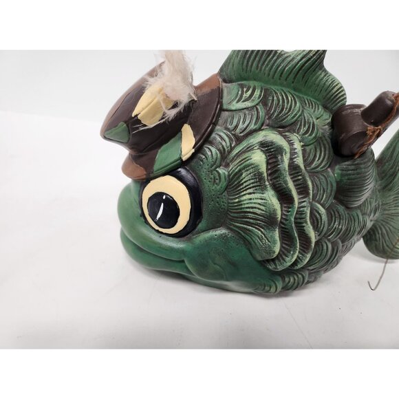 Vintage Large Ceramic Green Fish Statue Camo Hat Fishing Pole Kitschy Whimsical - Picture 6 of 9